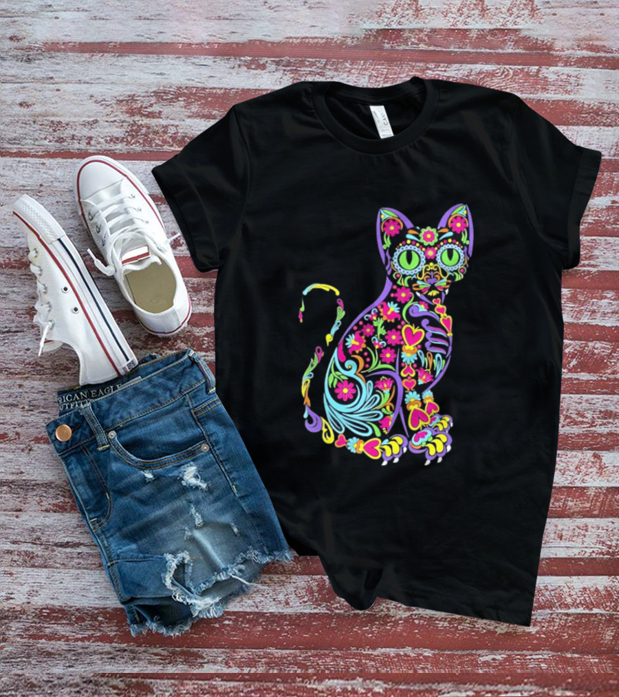 Sugar Skull Cat With Vibrant Floral T-Shirt