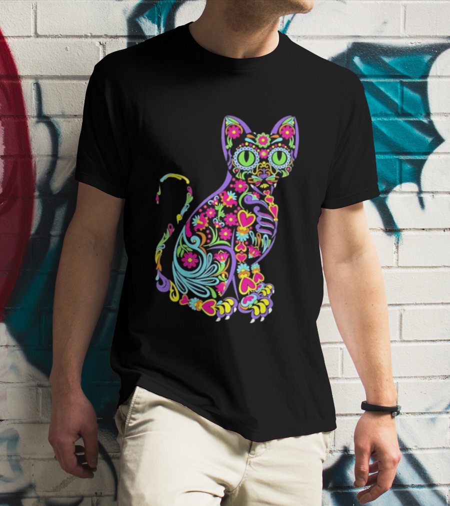 Sugar Skull Cat With Vibrant Floral T-Shirt