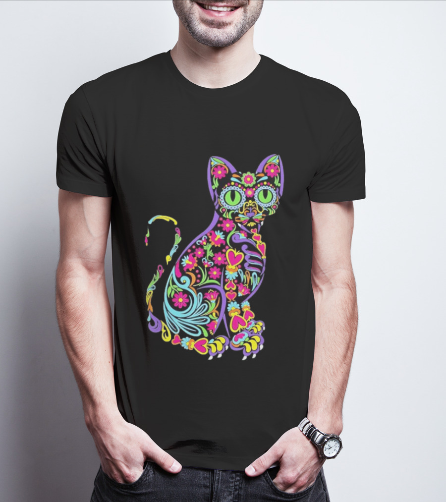 Sugar Skull Cat With Vibrant Floral T-Shirt