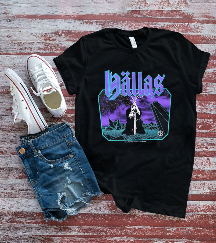 Hallas Electric Quest Sword Lightning Venture Rocks Purple Sky T-Shirt