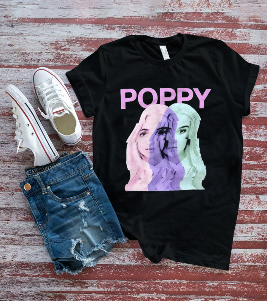 Poppy Digital Muse Glitch Faces Tricolor T-Shirt