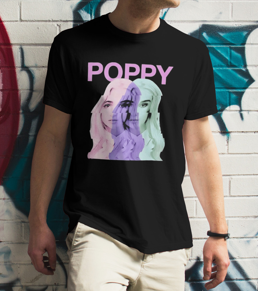 Poppy Digital Muse Glitch Faces Tricolor T-Shirt