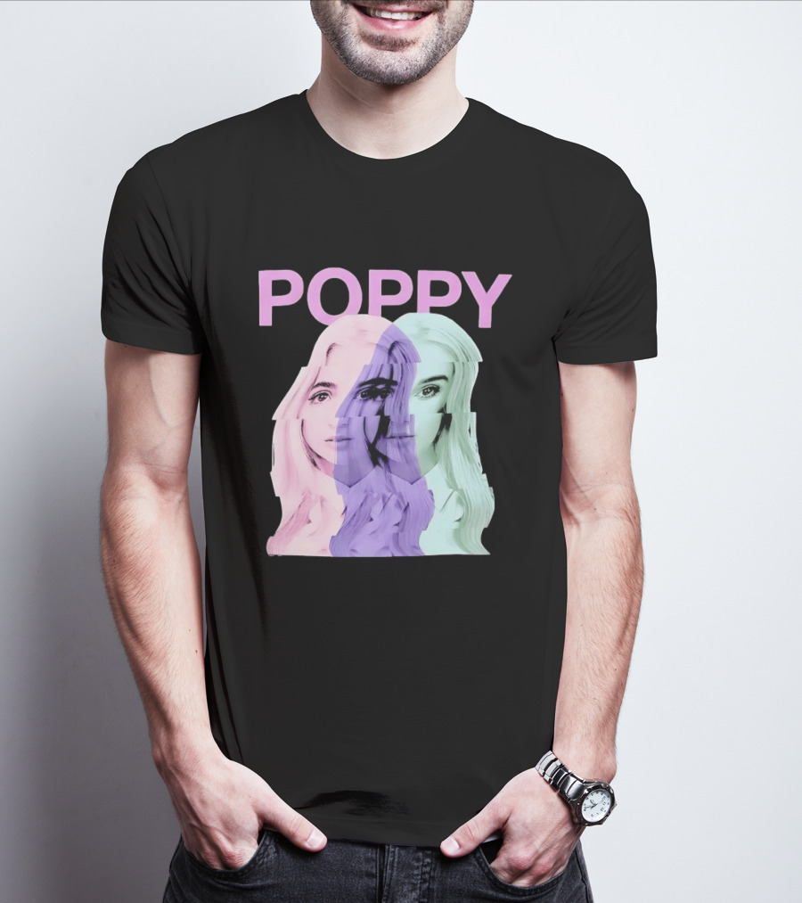 Poppy Digital Muse Glitch Faces Tricolor T-Shirt