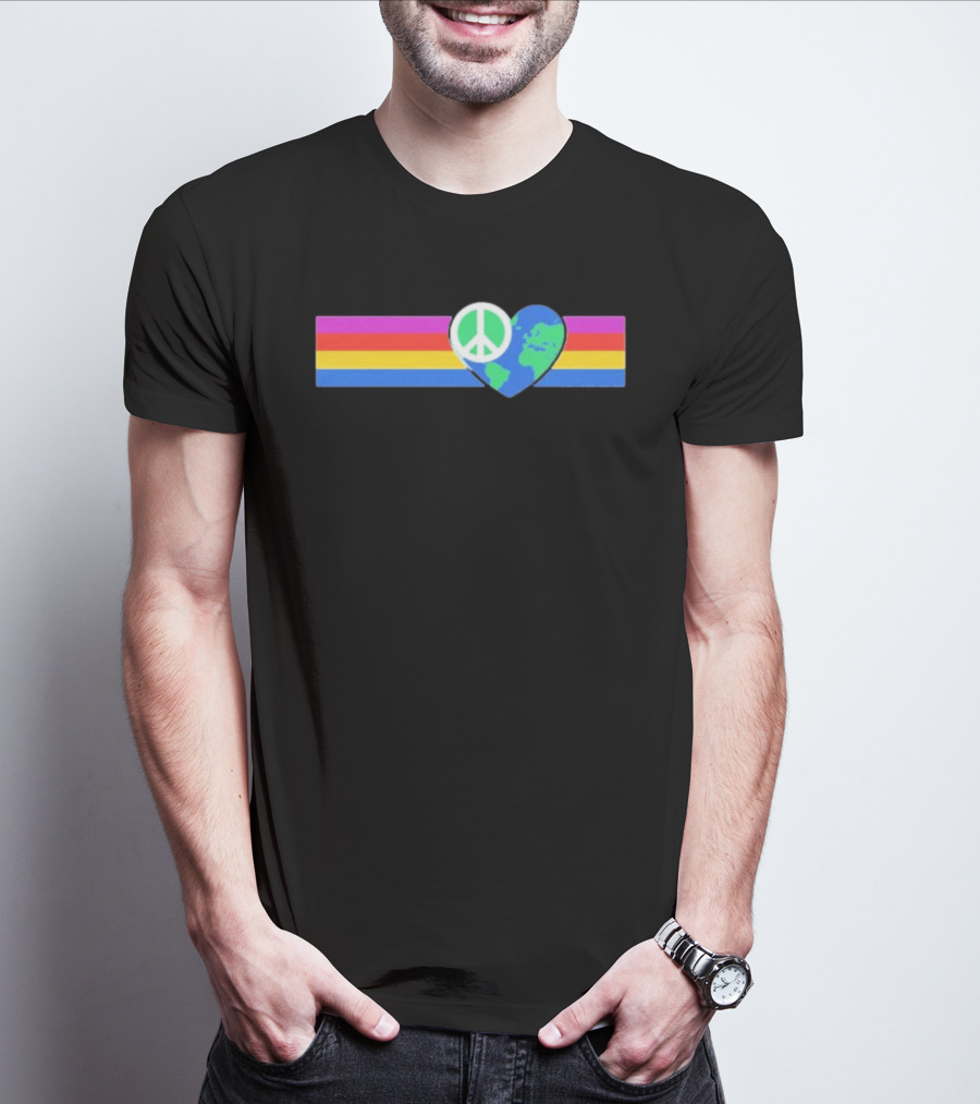 Rainbow Peace Symbol With Earth Heart Shape In Multicolor T-Shirt