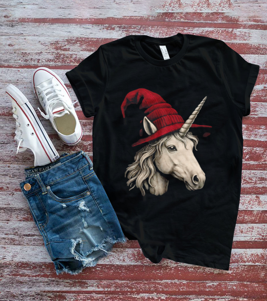 Unicorn With Red Wizard Witch Hat Beanie T-Shirt
