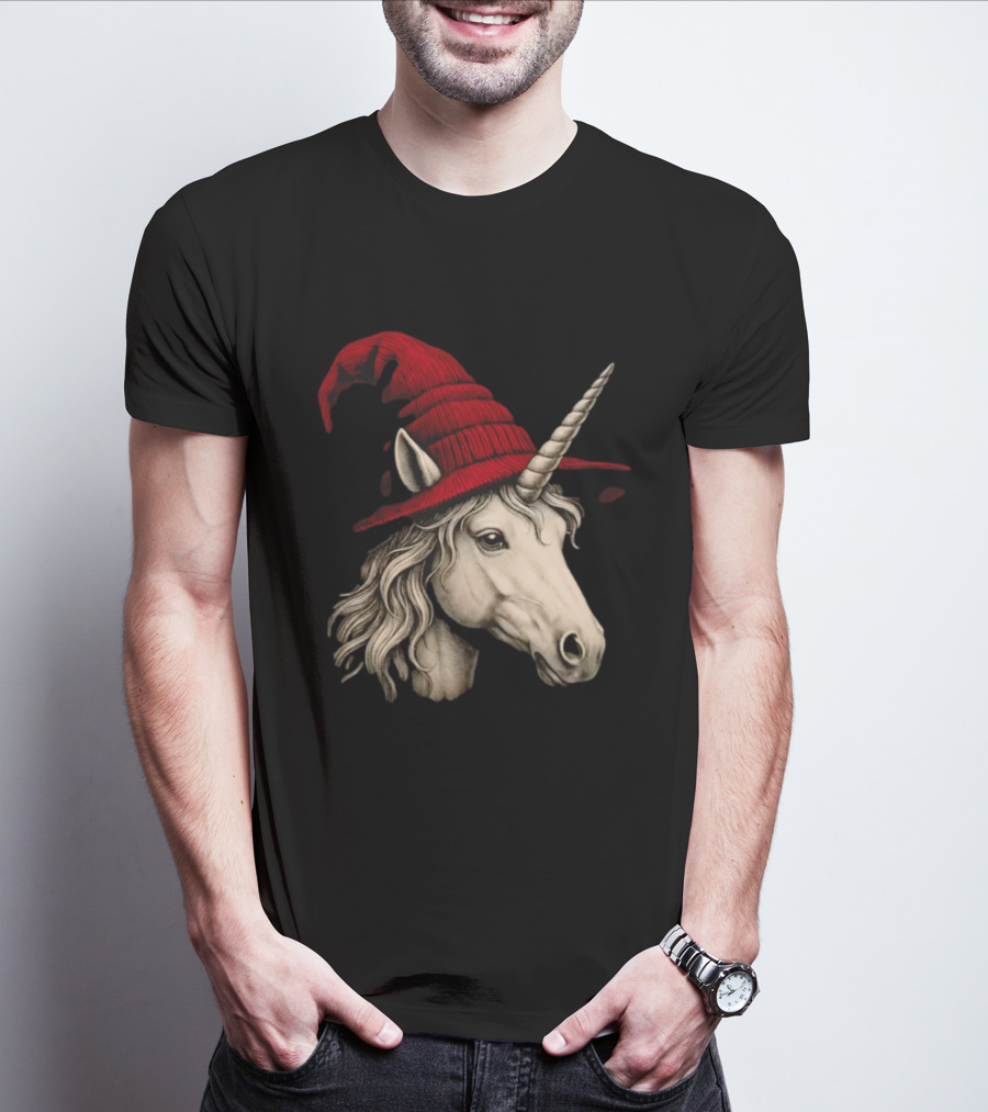 Unicorn With Red Wizard Witch Hat Beanie T-Shirt