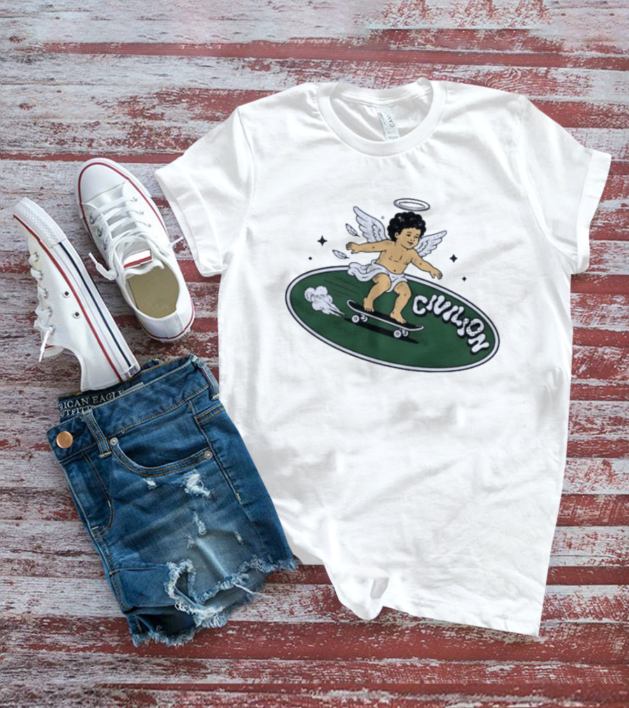 Skateboarding Angel Civilian Halo Wings T-Shirt