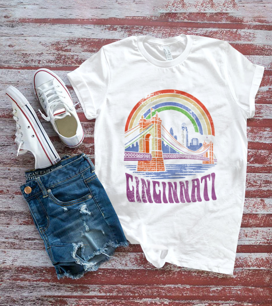 Cincinnati Roebling Bridge Rainbow Skyline Proud Of Our City T-Shirt