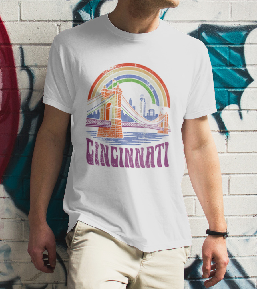Cincinnati Roebling Bridge Rainbow Skyline Proud Of Our City T-Shirt