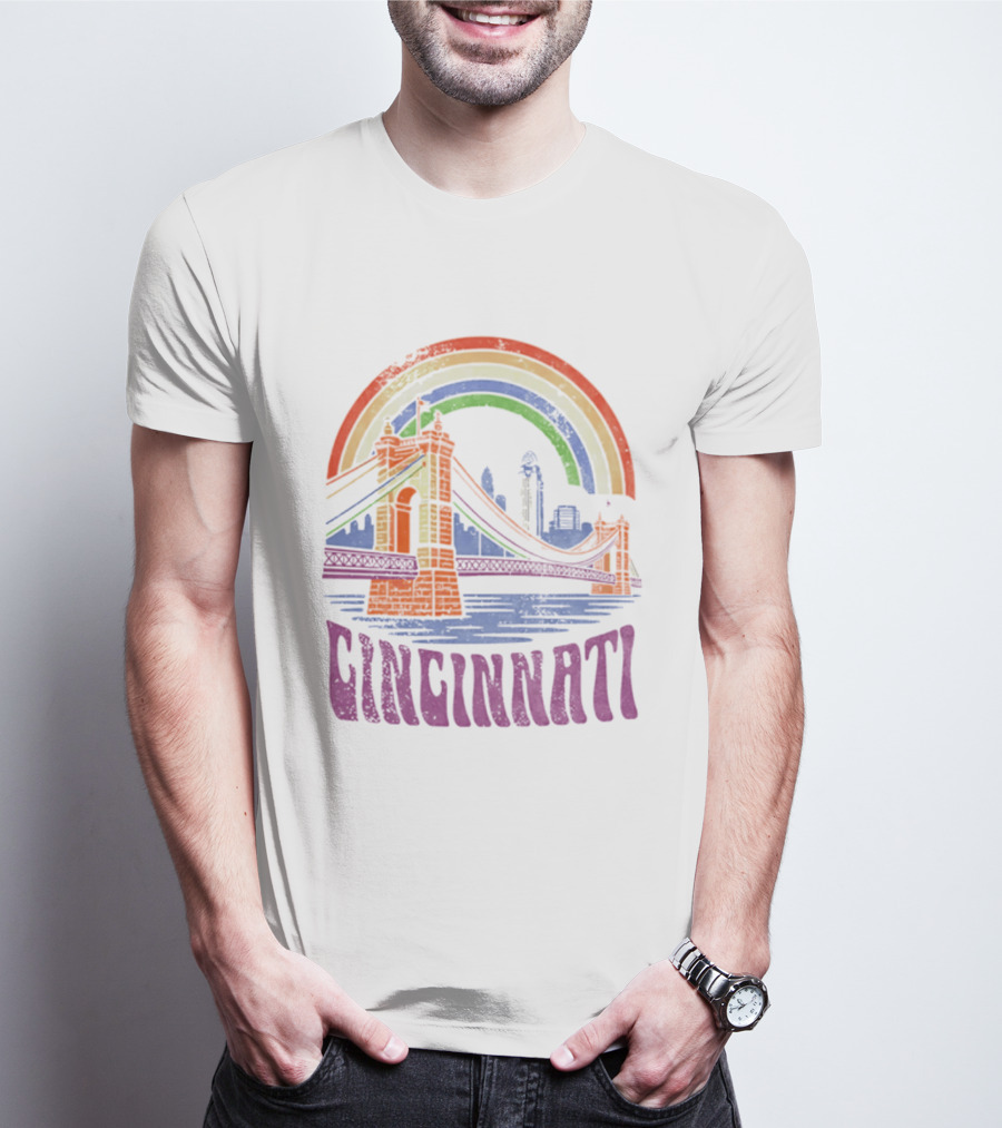 Cincinnati Roebling Bridge Rainbow Skyline Proud Of Our City T-Shirt