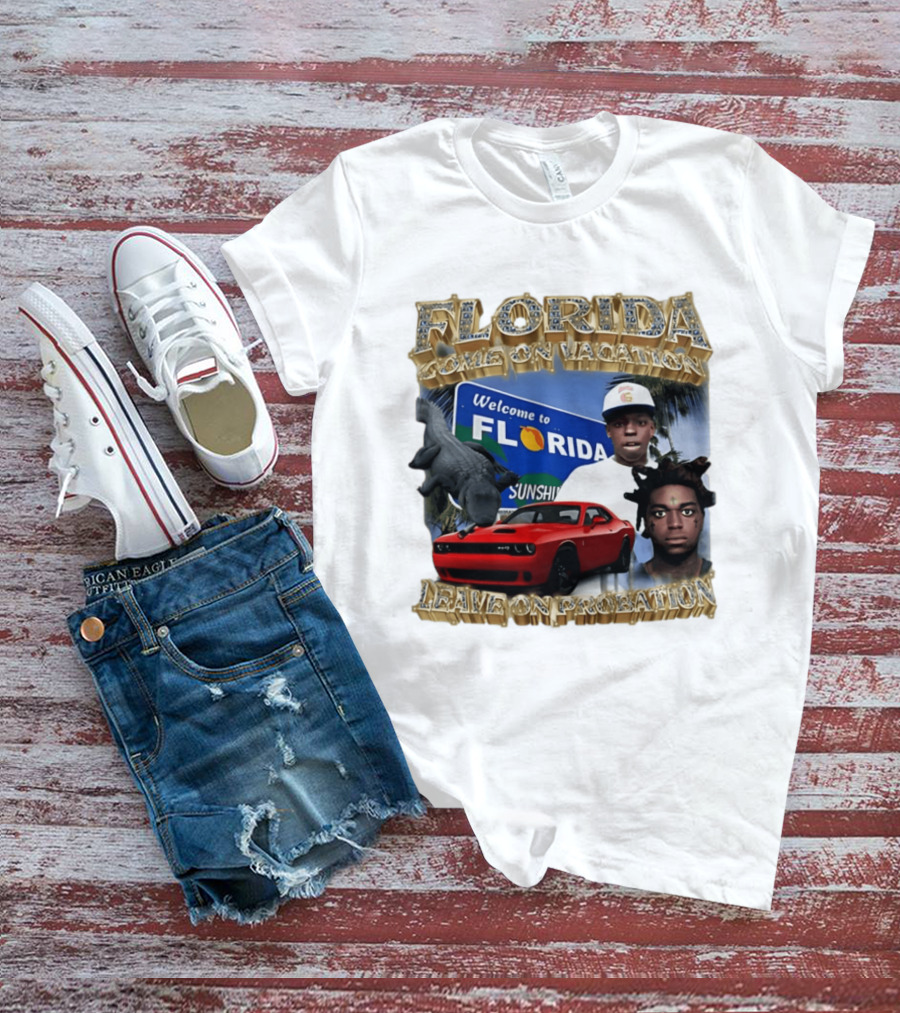 Florida Come On Vacation Leave On Probation Welcome Sign Alligator Red Car T-Shirt
