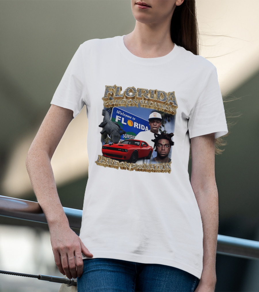 Florida Come On Vacation Leave On Probation Welcome Sign Alligator Red Car T-Shirt