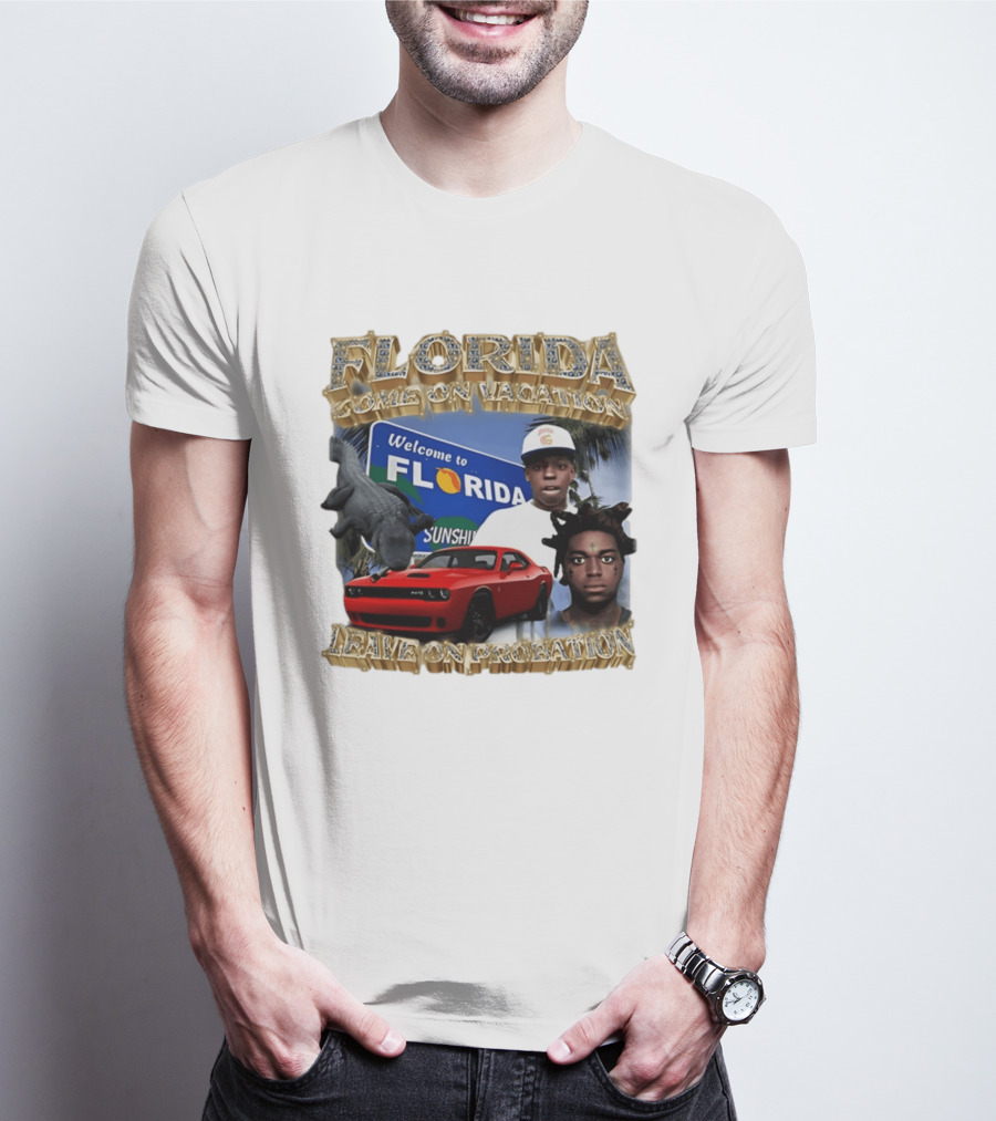 Florida Come On Vacation Leave On Probation Welcome Sign Alligator Red Car T-Shirt