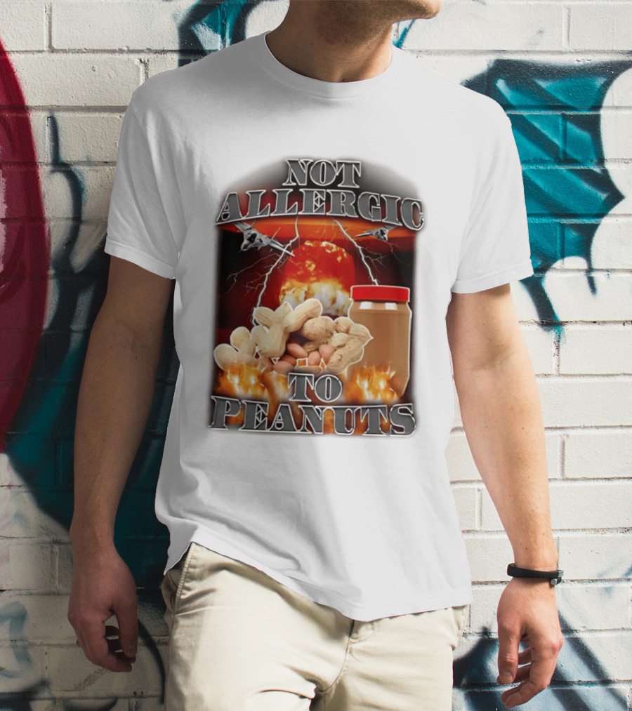 Not Allergic To Peanuts Jar With Explosive Background And Fighter Jets T-Shirt