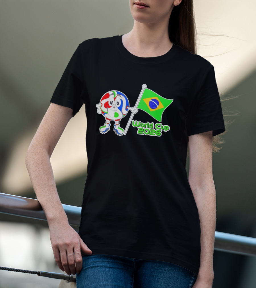 World Cup 2026 Cartoon Character With Brazil Flag Soccer Ball T-Shirt