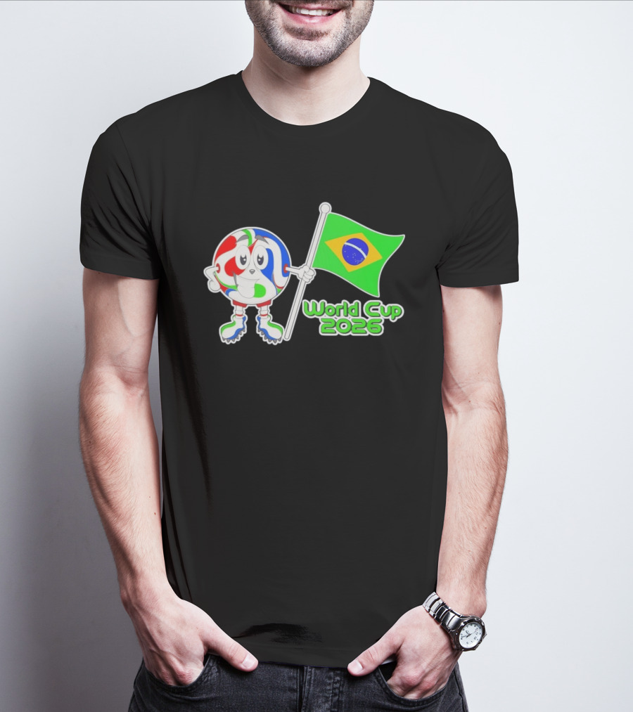 World Cup 2026 Cartoon Character With Brazil Flag Soccer Ball T-Shirt