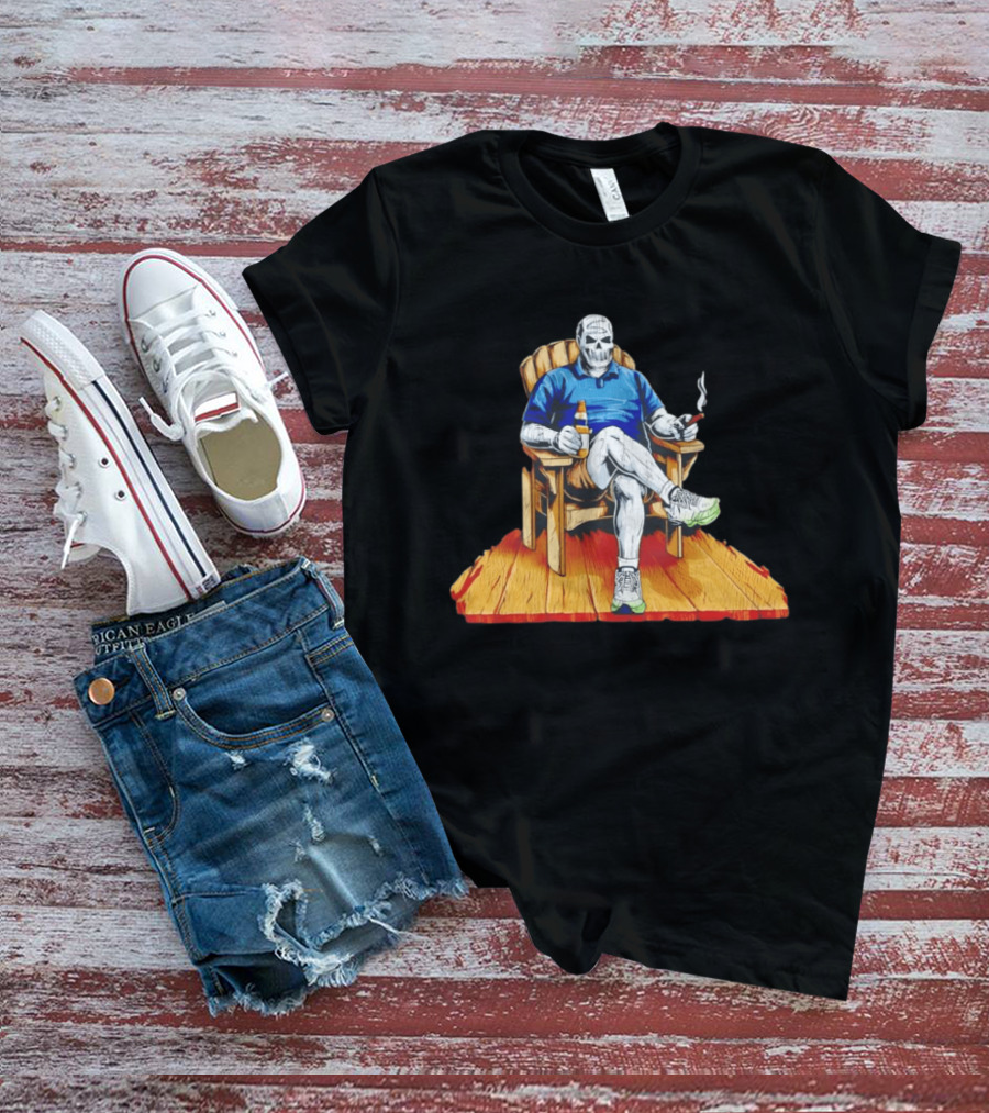 DarthBeards Skull Sitting In A Lawn Chair With Beer And Cigar T-Shirt