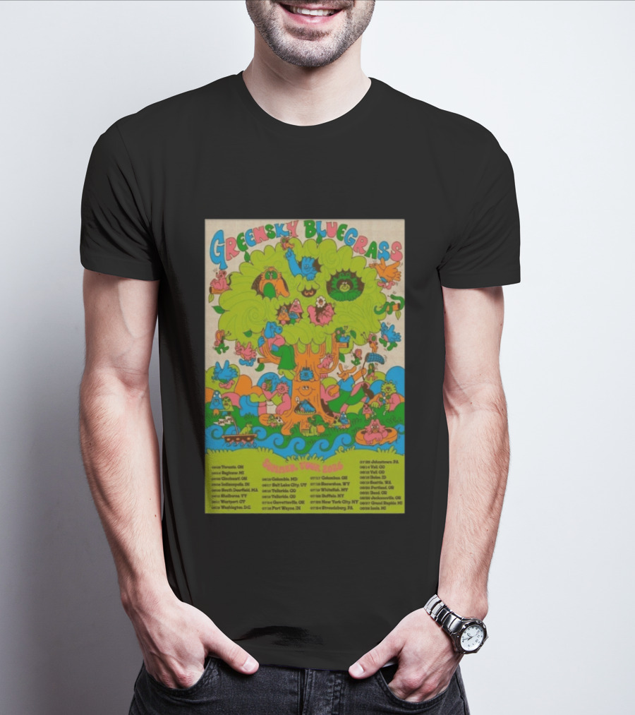 Greensky Bluegrass Summer Tour 2026 Psychedelic Tree Artwork With Tour Dates And Cities T-Shirt