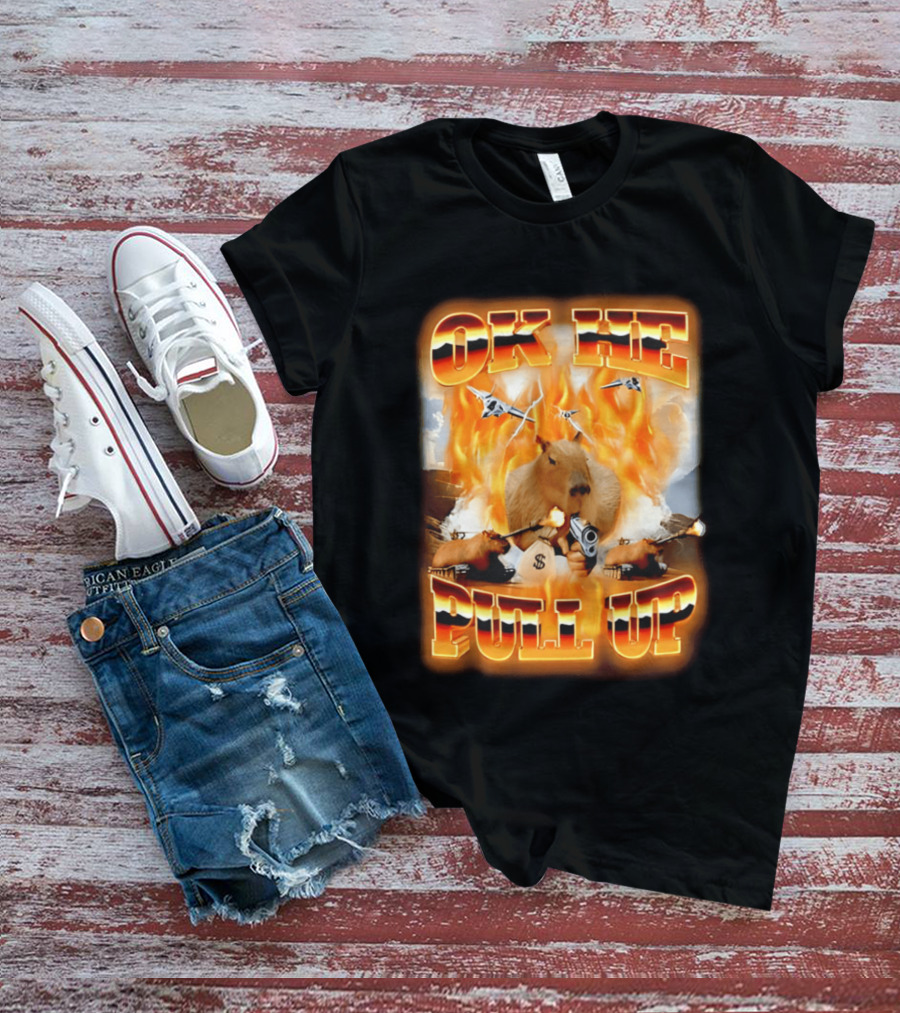 Ok He Pull Up Capybara Surrounded By Fire With Jets And Guns T-Shirt