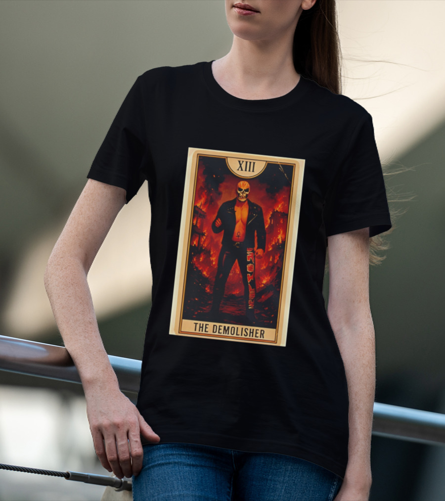 XIII The Demolisher Tarot Card Skull Masked Figure In Flames T-Shirt