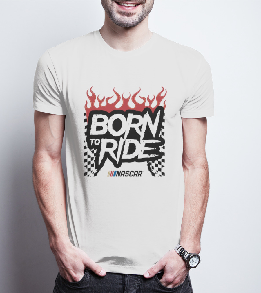 Born To Ride NASCAR Flames Checkered Flag Racing T-Shirt