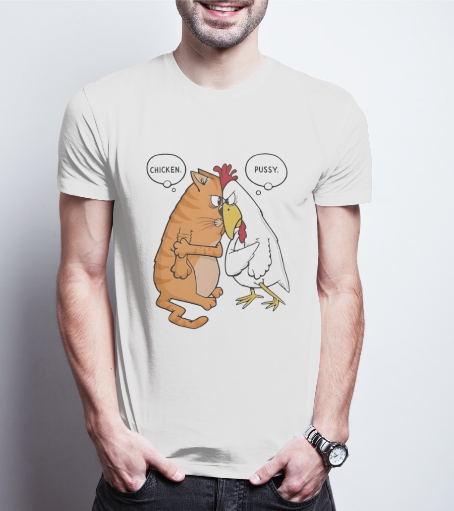 Chicken Pussy Standoff Cartoon Humor Confrontation T-Shirt