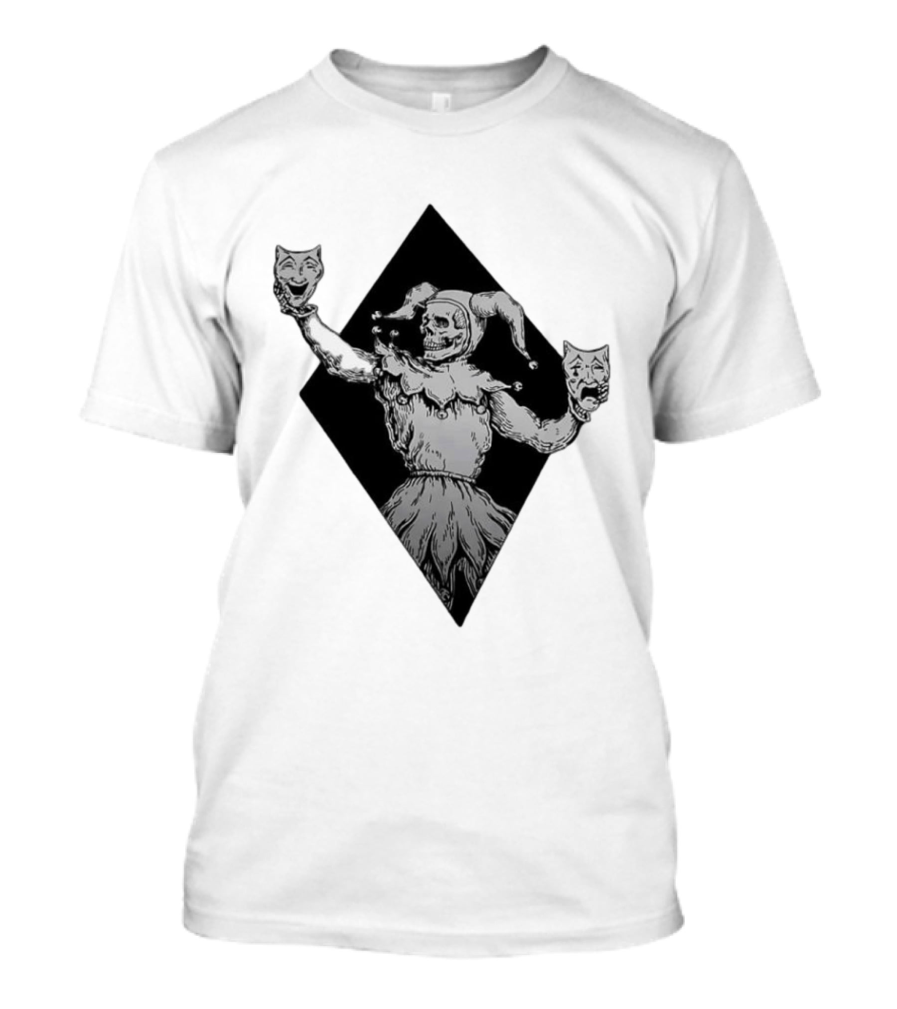 Skeleton Jester Holding Comedy And Tragedy Masks Medieval Gothic Costume T-Shirt