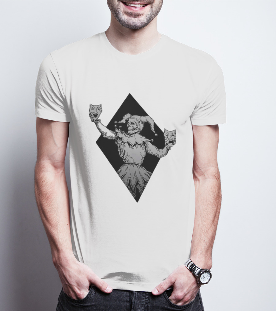 Skeleton Jester Holding Comedy And Tragedy Masks Medieval Gothic Costume T-Shirt