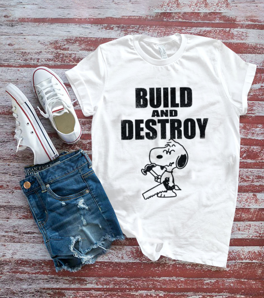 Snoopy Peanuts Build And Destroy Text Hammer Cartoon T-Shirt