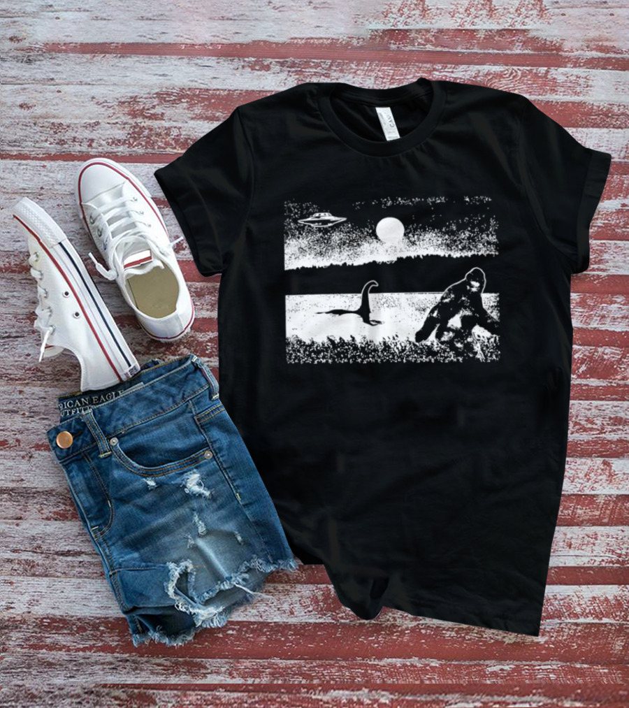 Bigfoot Nessie UFO Cryptid Creature Paranormal Mystery Nature Scene T-Shirt