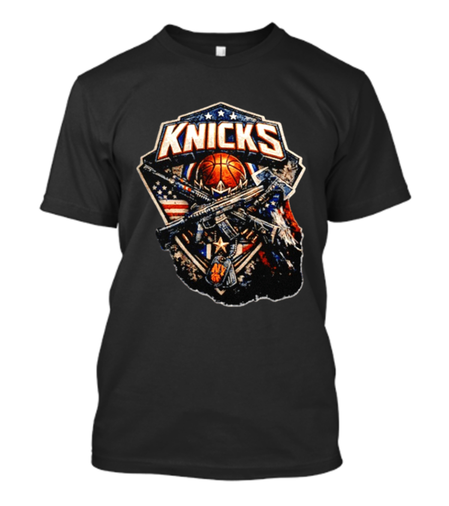 Knicks Basketball Rifles Badge American Flag Emblem NY Star T-Shirt