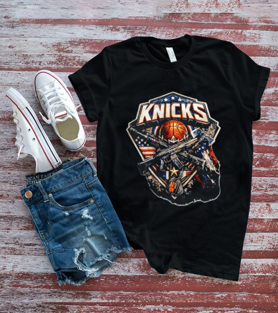 Knicks Basketball Rifles Badge American Flag Emblem NY Star T-Shirt