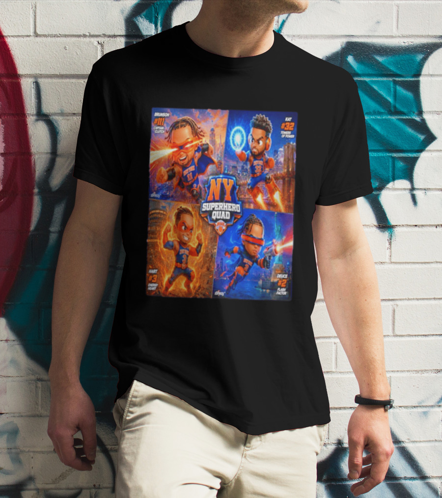 NY Superhero Quad Brunson Captain Clutch Hart Energy Heat Deuce Flash Factor Kat Towers Of Power T-Shirt