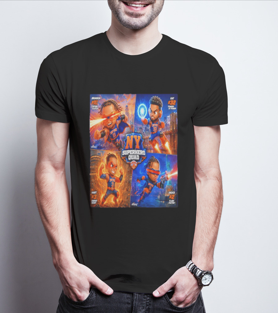 NY Superhero Quad Brunson Captain Clutch Hart Energy Heat Deuce Flash Factor Kat Towers Of Power T-Shirt