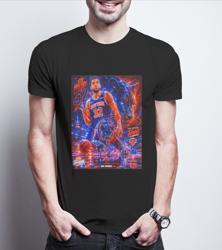New York 32 Karl Anthony Towns Panther Blossom Street Slicey NBA Knicks T-Shirt