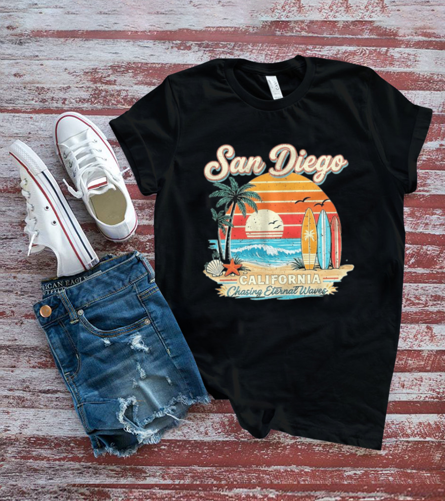 San Diego California Surfing Sunrise Chasing Eternal Waves Beach Vacation T-Shirt