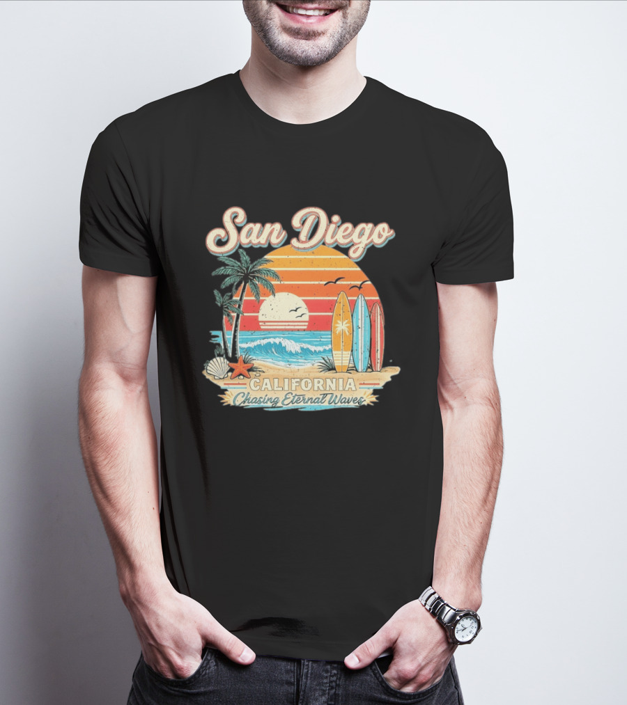 San Diego California Surfing Sunrise Chasing Eternal Waves Beach Vacation T-Shirt