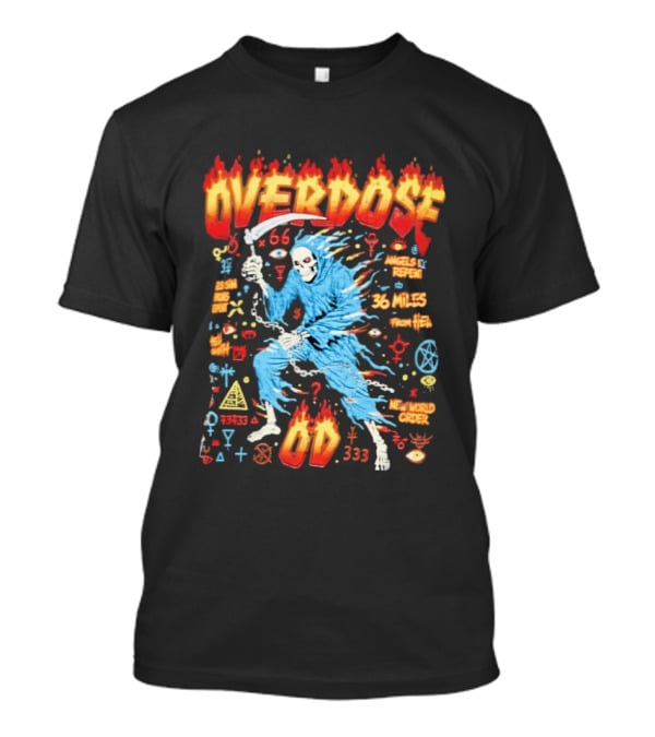 Overdose Grim Reaper Angels Repent 36 Miles From Hell 65 Neon New World Order OD 333 T-Shirt