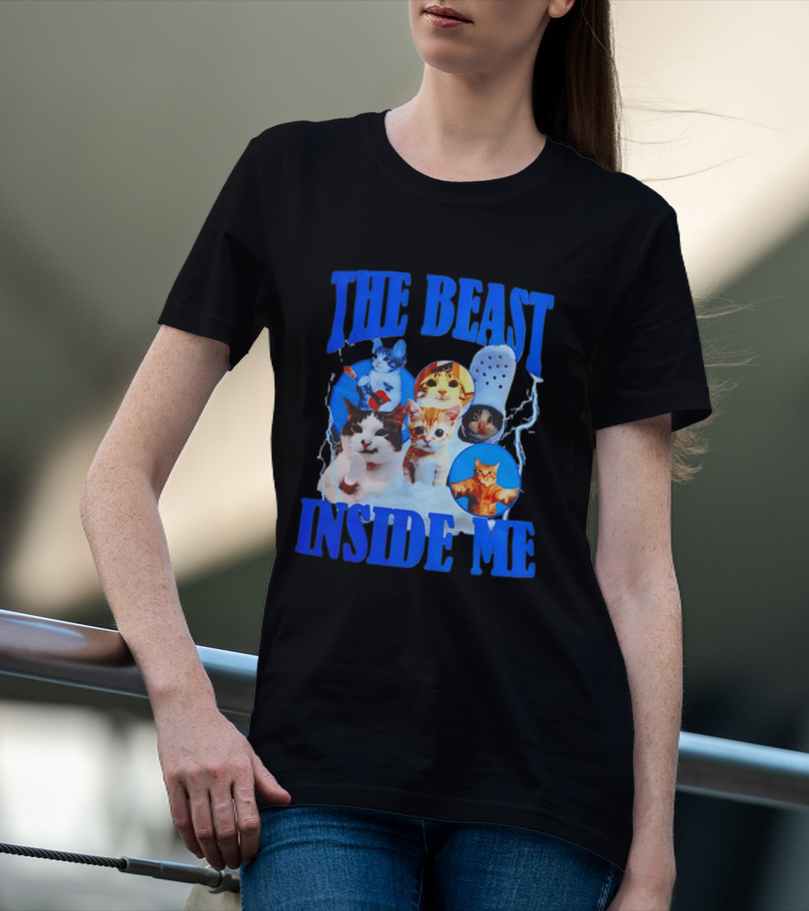The Beast Inside Me Cat Collage With Blue Electric Accents T-Shirt