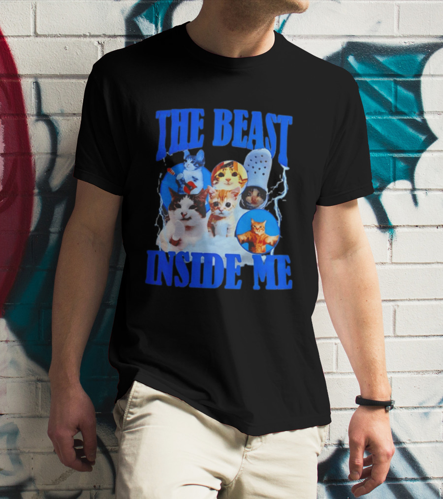 The Beast Inside Me Cat Collage With Blue Electric Accents T-Shirt