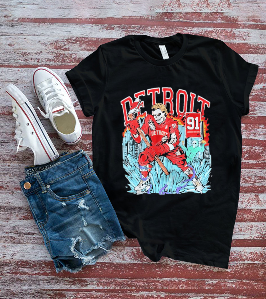 Detroit Hockey 91 Skeleton Player Red Jersey Cityscape Flame T-Shirt
