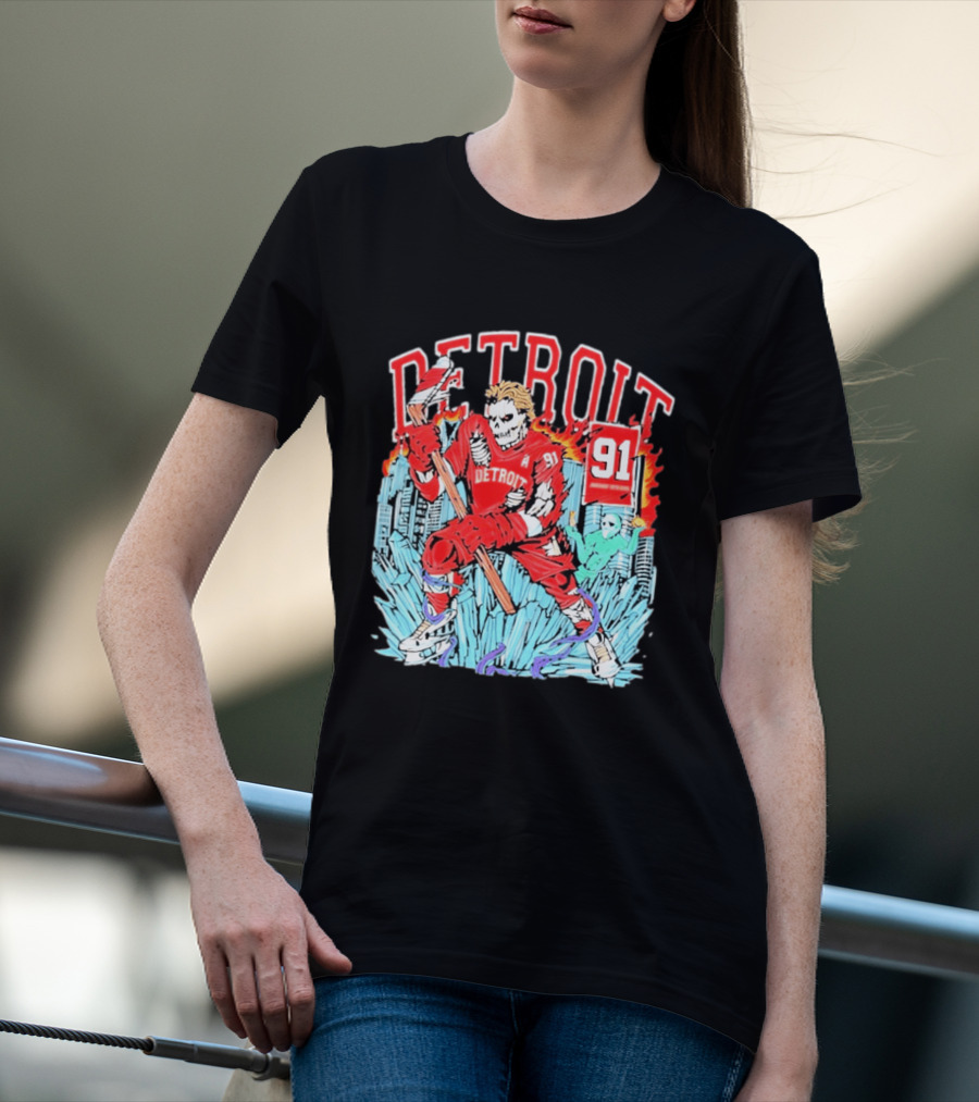 Detroit Hockey 91 Skeleton Player Red Jersey Cityscape Flame T-Shirt
