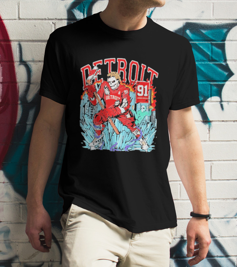 Detroit Hockey 91 Skeleton Player Red Jersey Cityscape Flame T-Shirt
