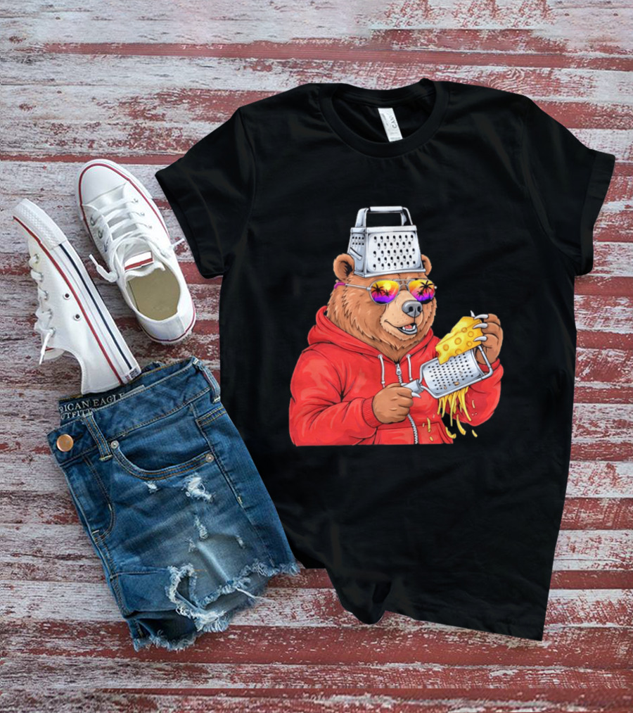Bear With Cheese Grater Hat And Sunglasses With Bright Palm Tree Reflection T-Shirt