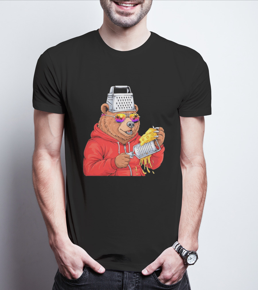 Bear With Cheese Grater Hat And Sunglasses With Bright Palm Tree Reflection T-Shirt