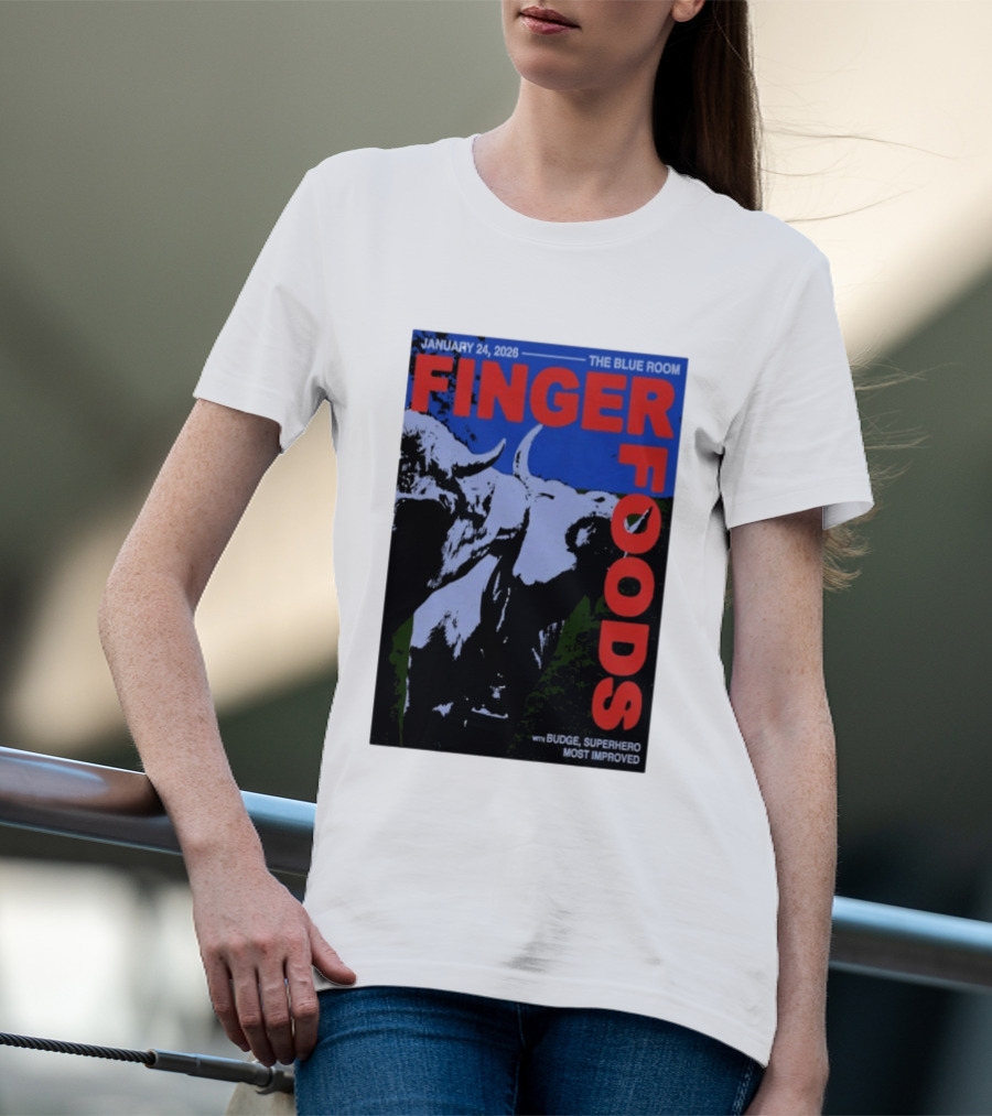 January 24 2026 Finger Foods The Blue Room Budge Superhero Most Improved T-Shirt