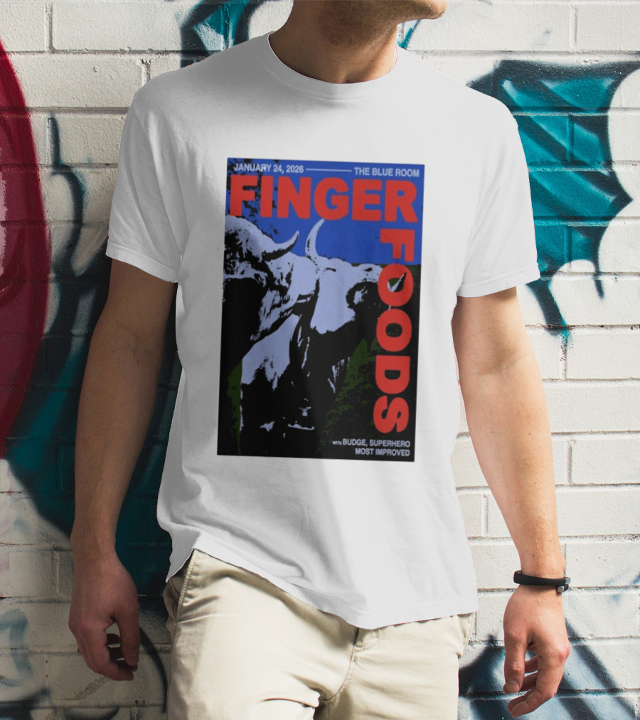January 24 2026 Finger Foods The Blue Room Budge Superhero Most Improved T-Shirt