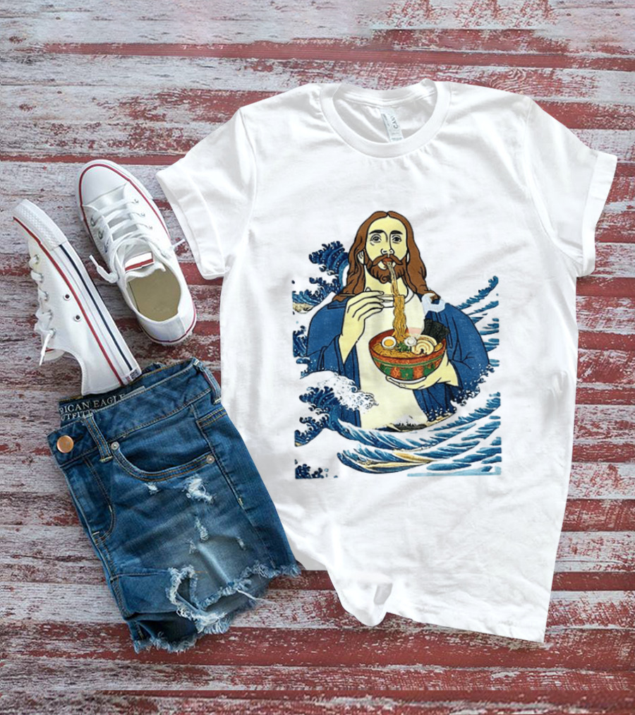 God Eats Ramen Jesus Wave Meme With Bowl Of Noodles T-Shirt