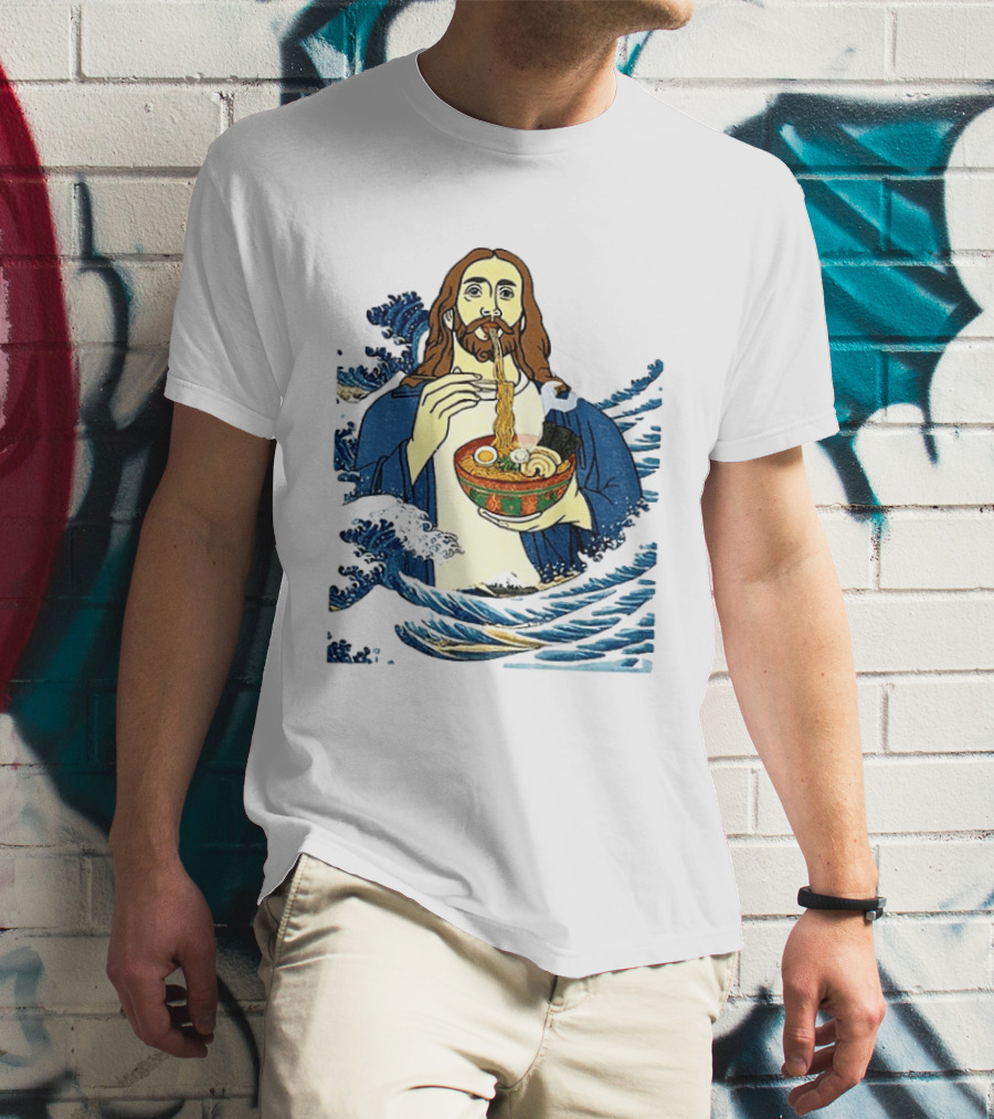 God Eats Ramen Jesus Wave Meme With Bowl Of Noodles T-Shirt