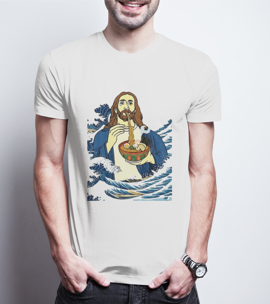 God Eats Ramen Jesus Wave Meme With Bowl Of Noodles T-Shirt